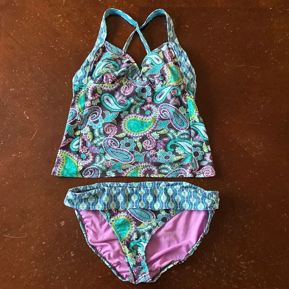 Athleta turquoise and purple criss cross paisley print tankini swim set
